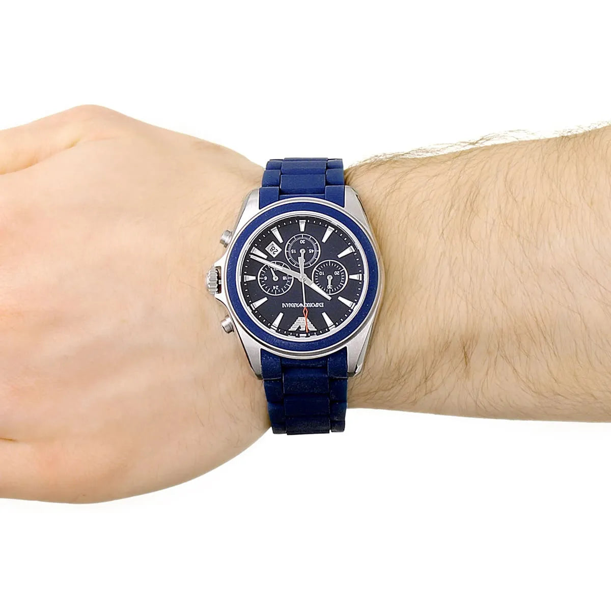 AR6068 Emporio Armani Sportivo chronograph on wrist with blue rubber band