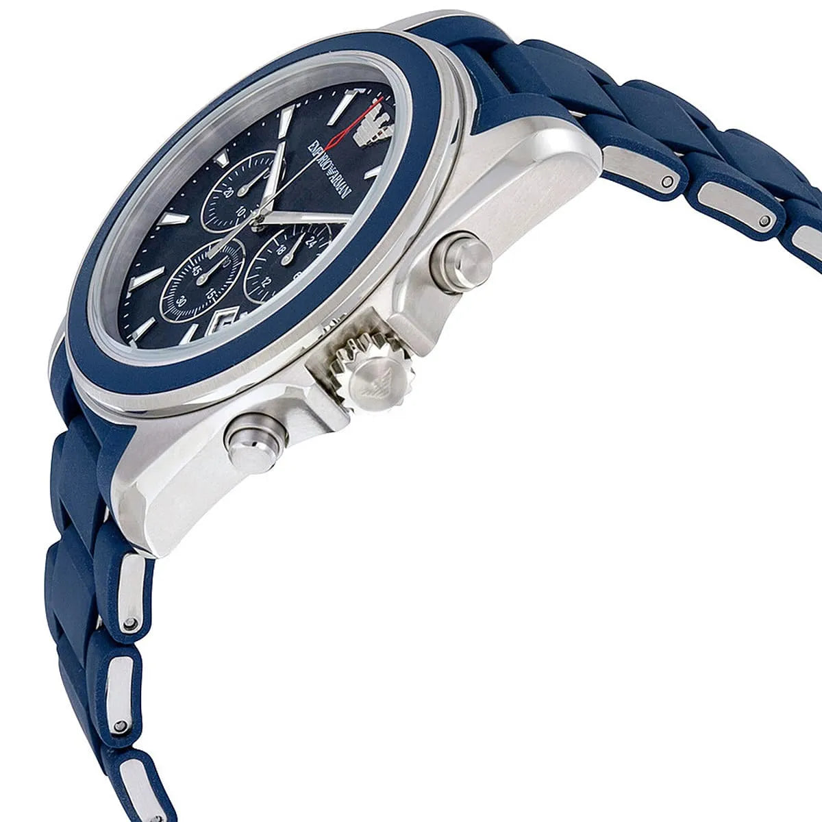AR6068 Emporio Armani Sportivo chronograph side profile with blue rubber band