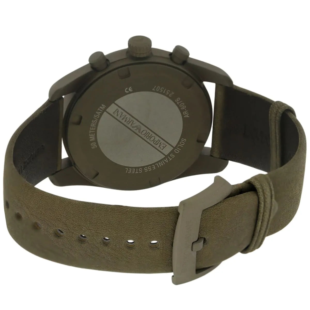 Emporio Armani Tazio AR6076 chronograph watch worn on wrist with khaki leather band
