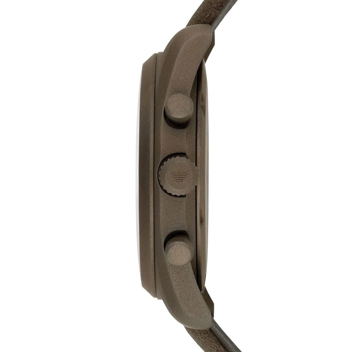 Emporio Armani AR6076 Tazio watch side profile with chronograph pushers and khaki strap