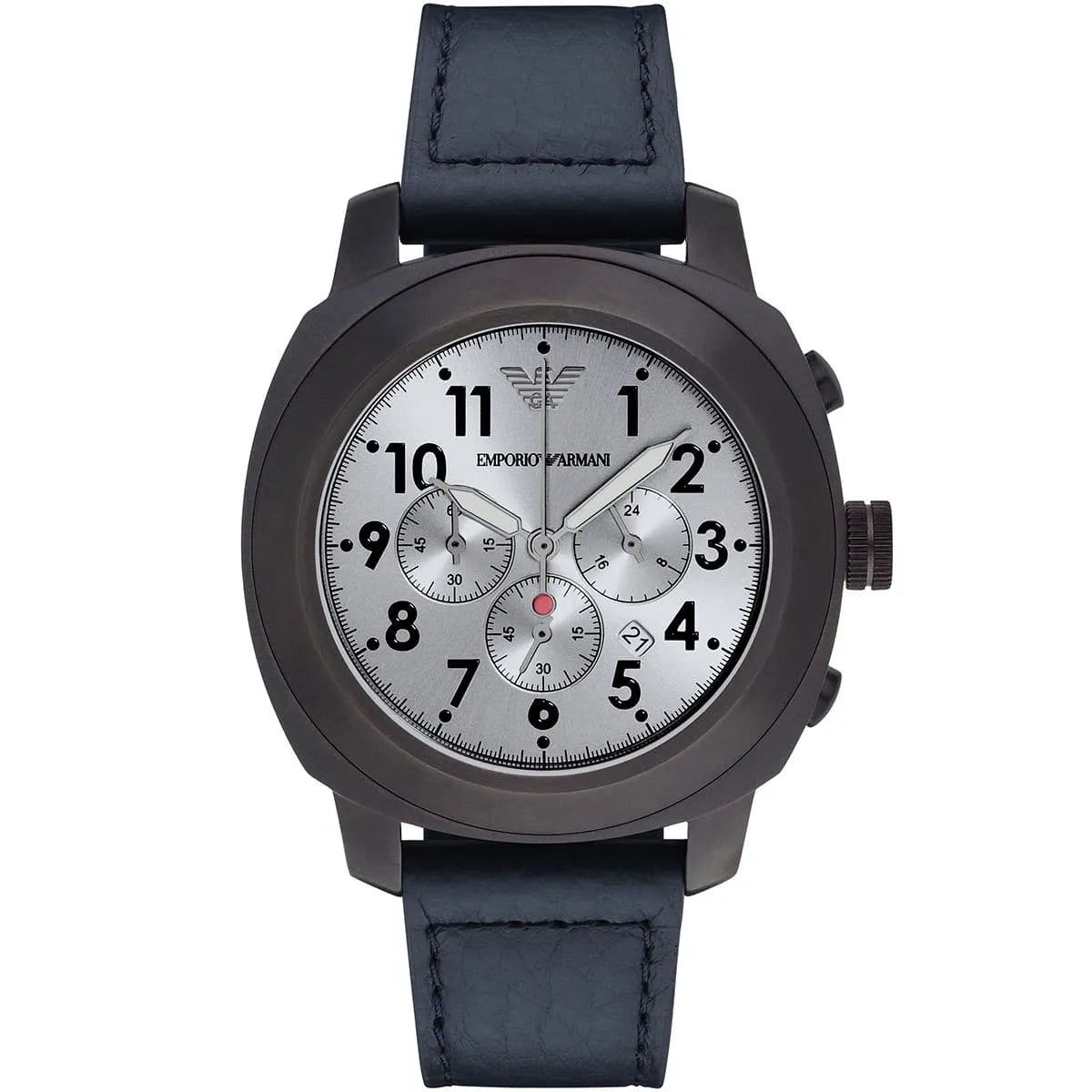 Emporio Armani AR6086 chronograph watch with silver dial and blue leather strap