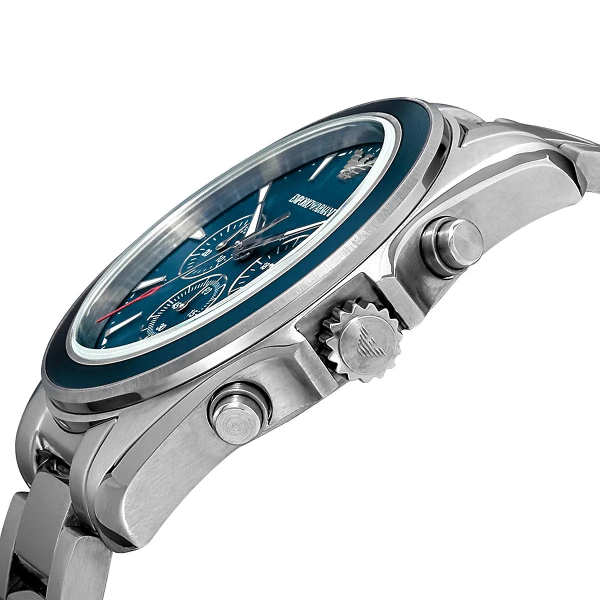 Side view of Emporio Armani Tazio Large showing stainless steel case profile and crown