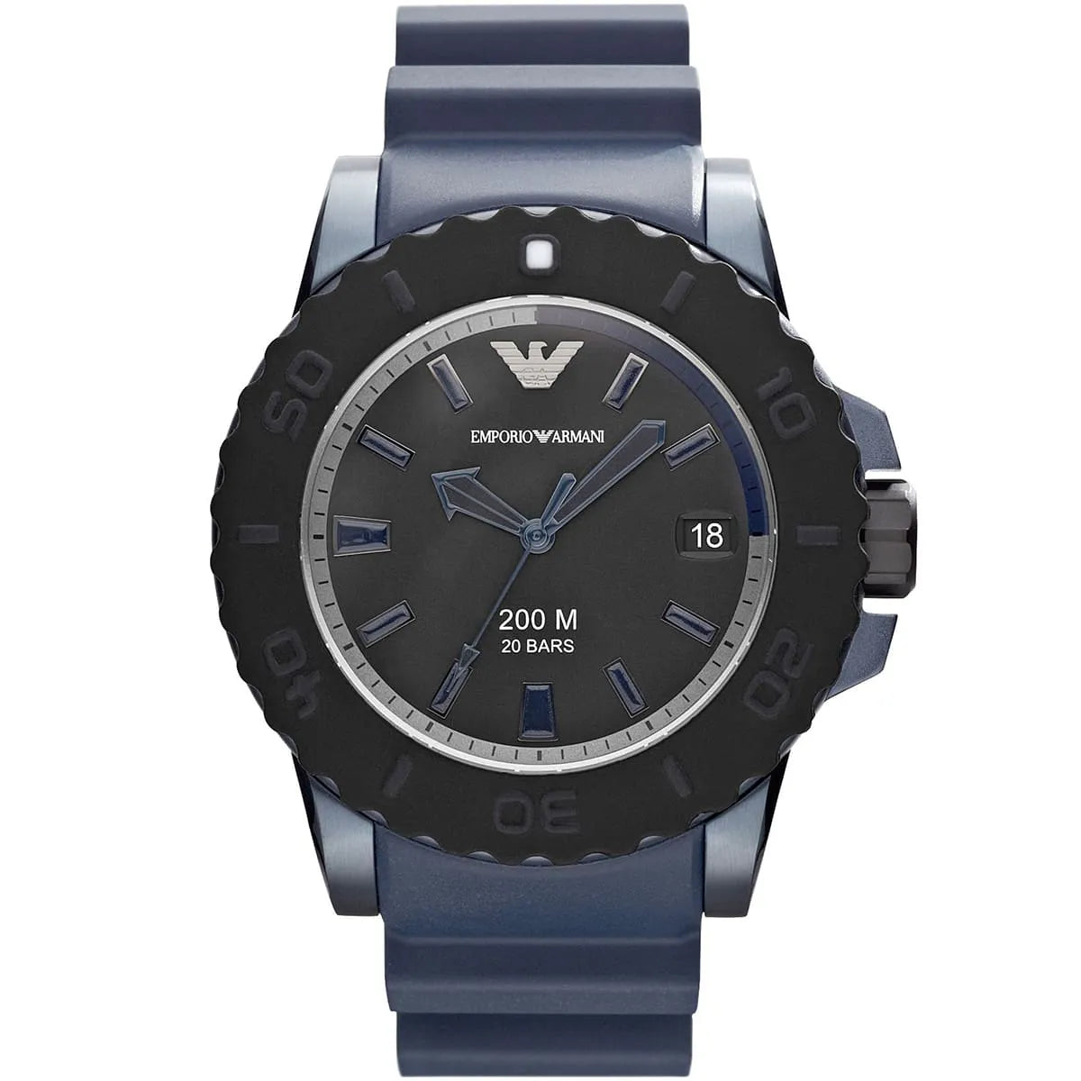 Emporio Armani AR6100 42mm dive watch with black dial, blue rubber strap, and 200M water resistance