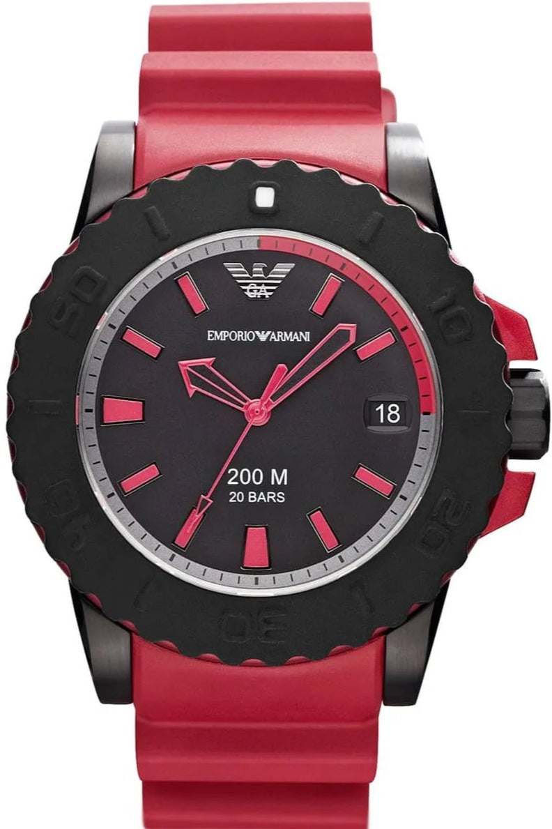 Emporio Armani Sportivo AR6101 men's watch with black dial, red rubber strap, 200m water resistance