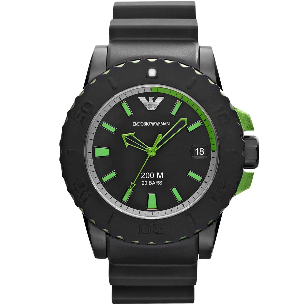 Emporio Armani AR6102 Acqua watch front view with black dial and green accents
