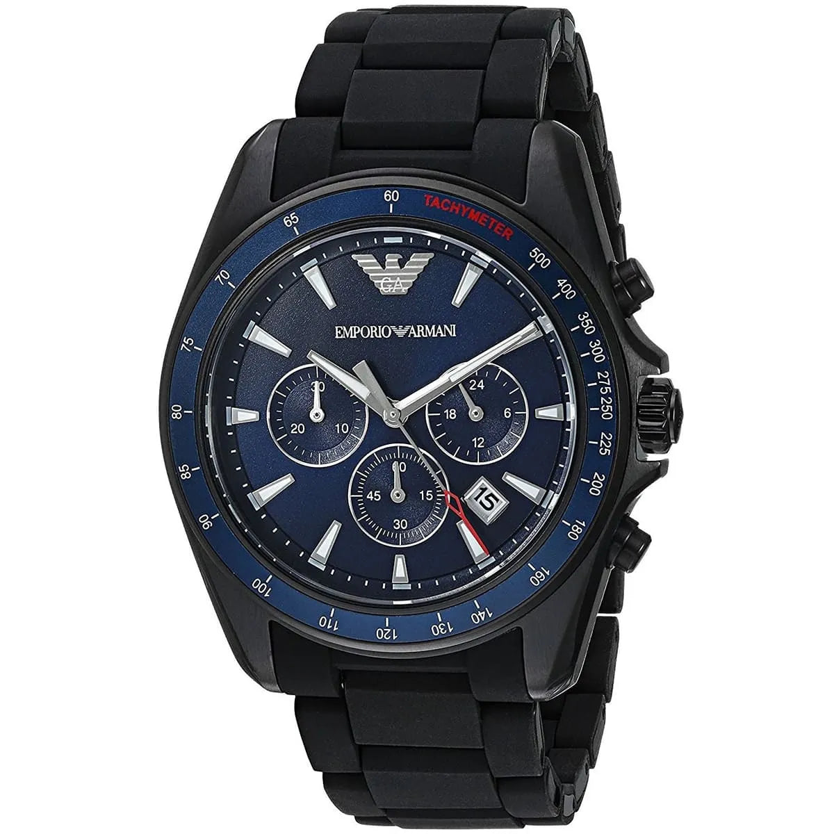 Sigma chronograph featuring blue dial with subdials, tachymeter bezel, and black strap