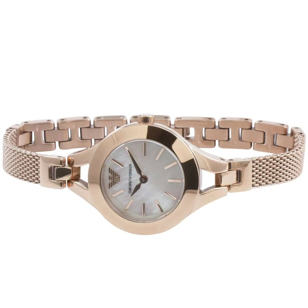 Emporio Armani AR7329 women's watch at angle displaying rose gold bracelet and mesh strap hybrid design