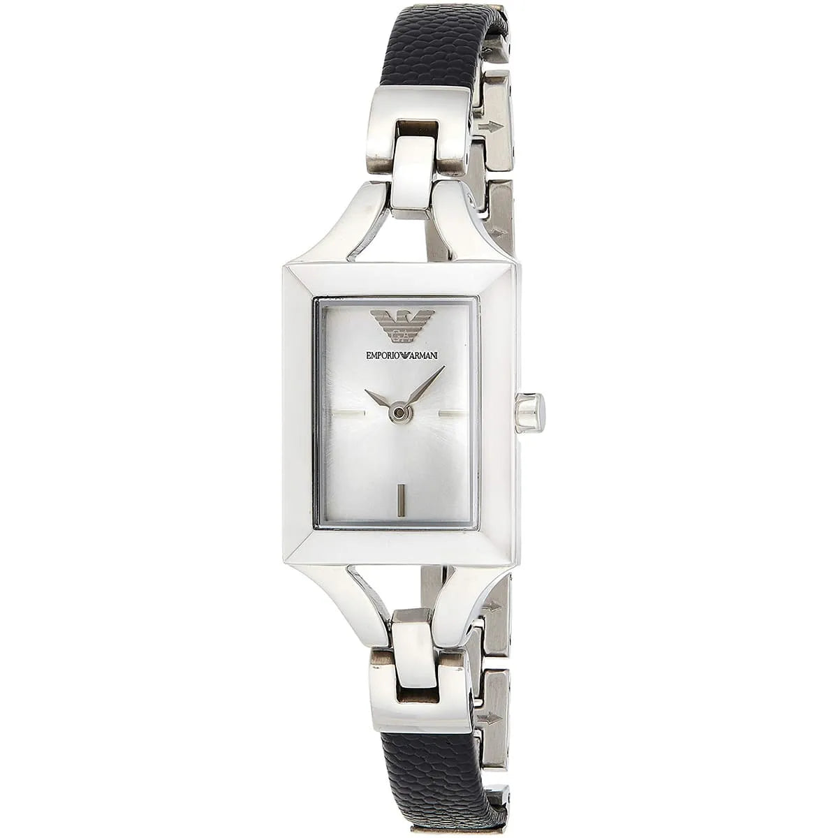 Emporio Armani Chiara women's watch at angle showing silver case and black leather strap