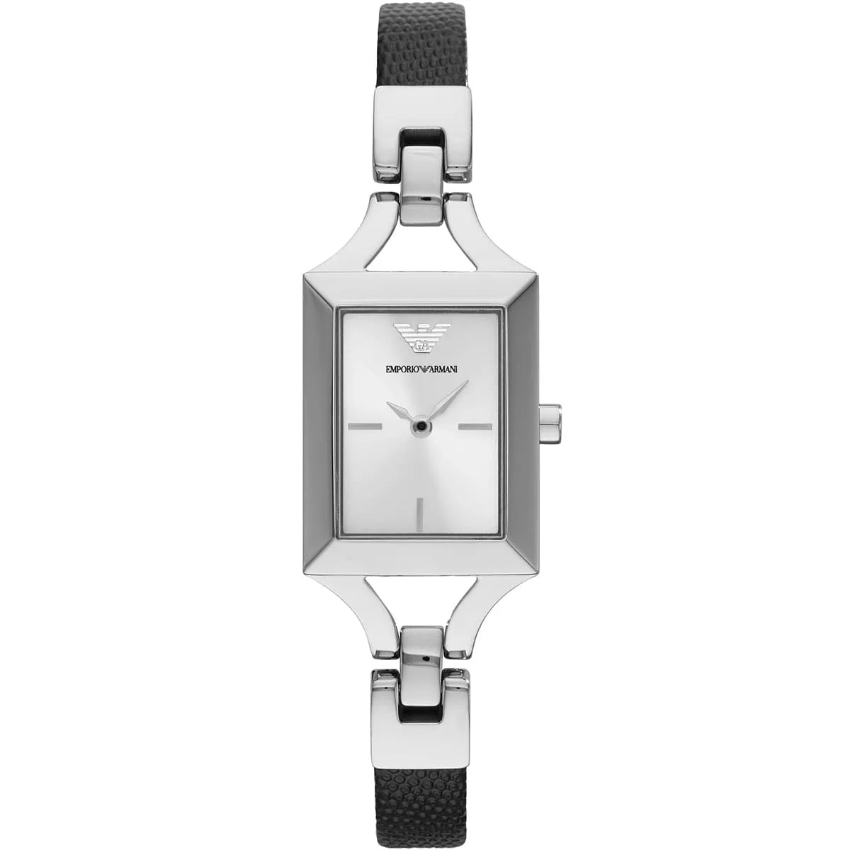 Emporio Armani Chiara women's watch with silver rectangular dial and black leather strap, front view