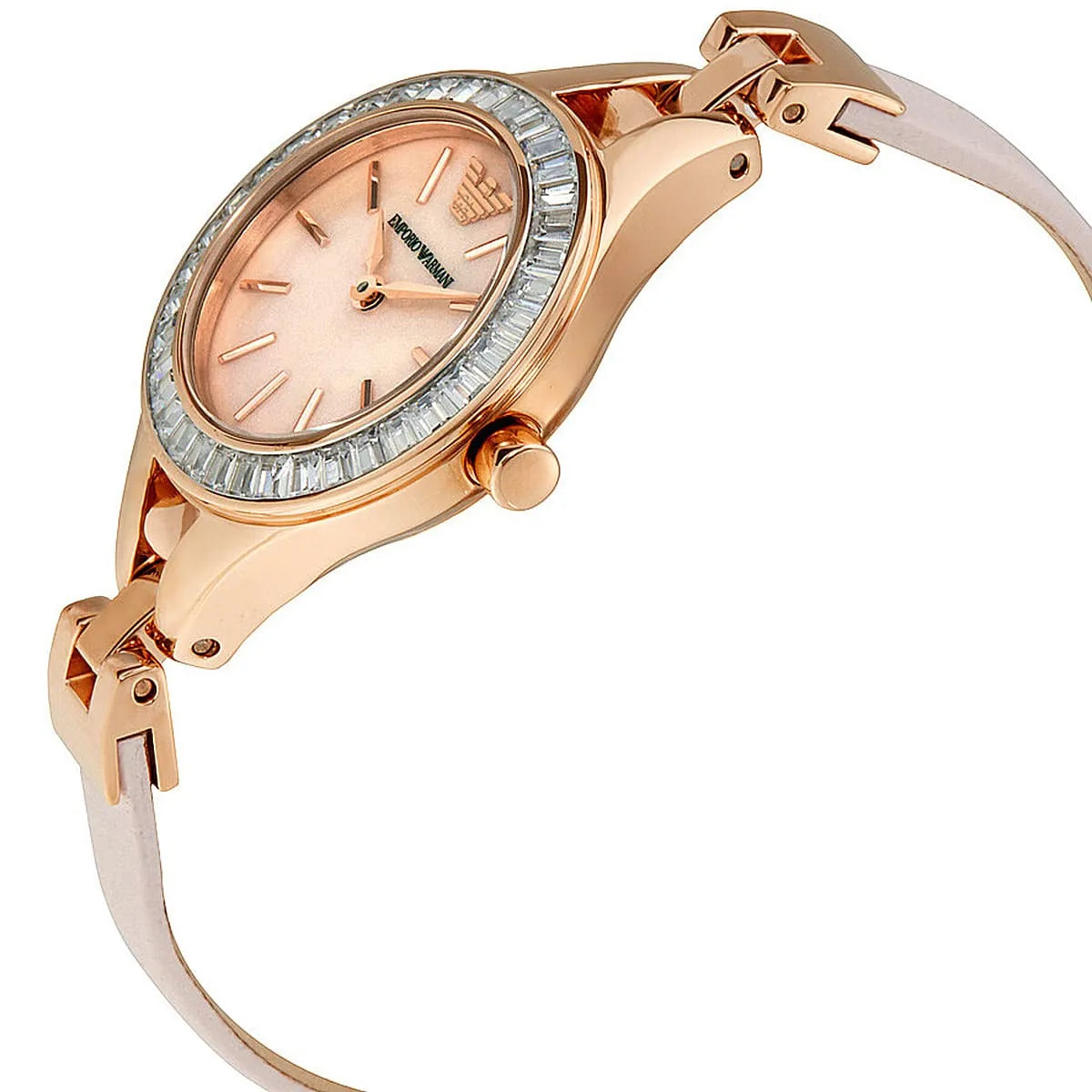 Emporio Armani Chiara AR7413 rose gold watch angled view with pink strap