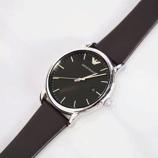 Emporio Armani AR80008 on wrist showing black dial and brown leather strap
