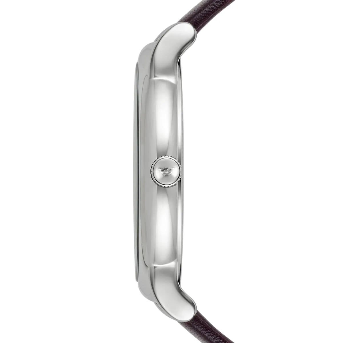 Emporio Armani AR80008 side profile showing silver tone case thickness and brown leather strap