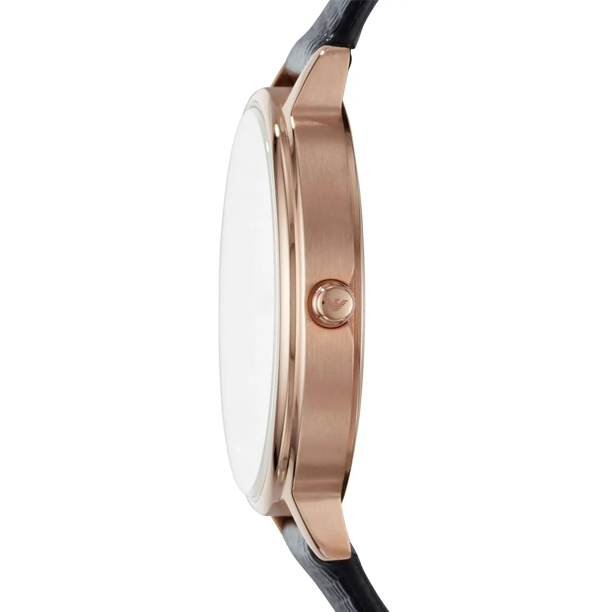 Side profile of AR80011 watch showing rose gold case and black strap