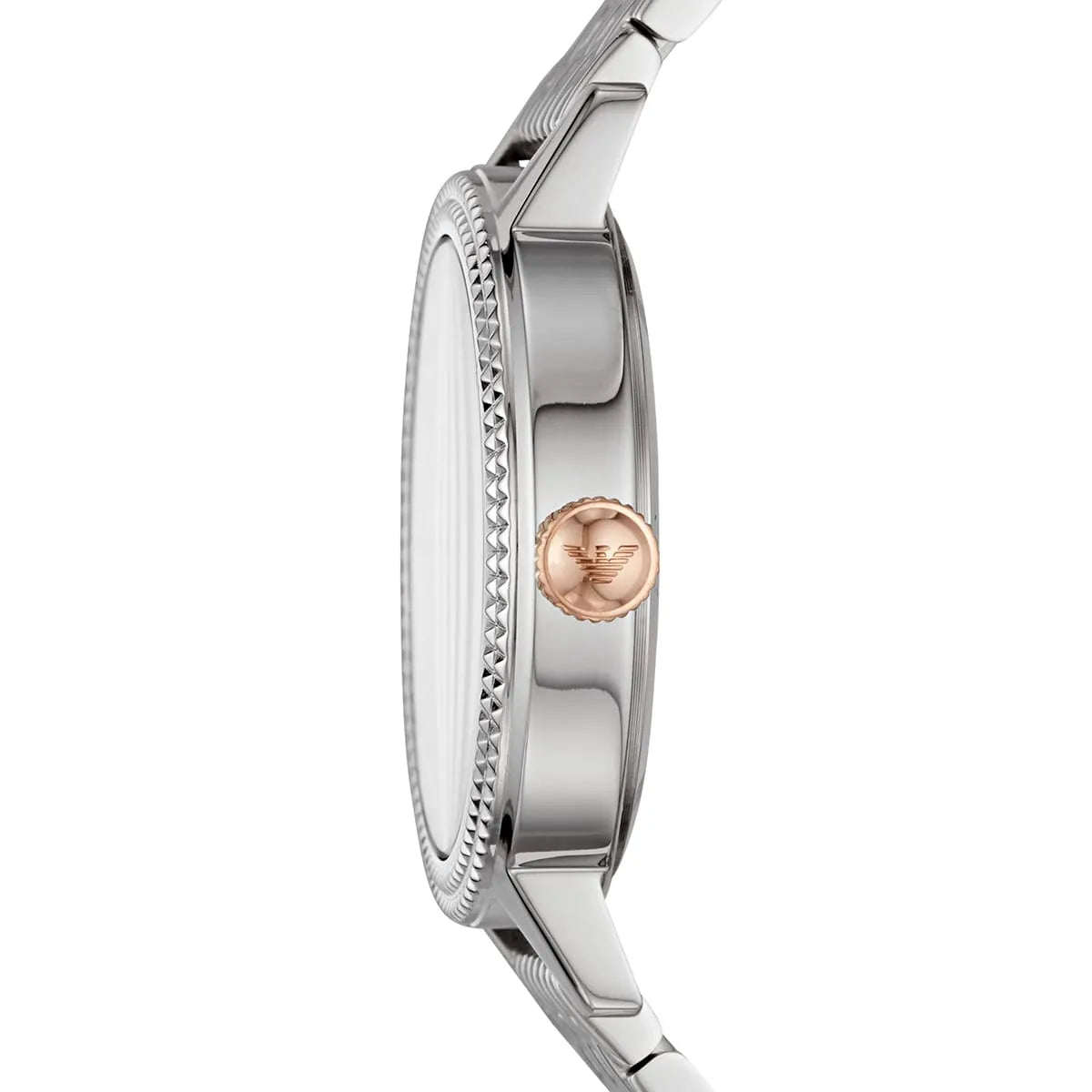 Emporio Armani AR80020 side profile with diamond-set bezel and silver metal strap