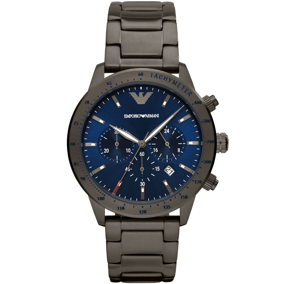 Emporio Armani AR80045 men's chronograph watch with blue dial and gray stainless steel strap