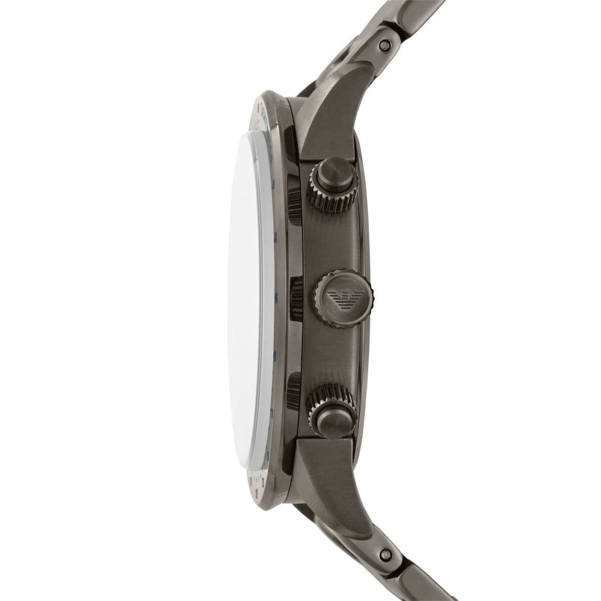 Side profile of Emporio Armani AR80045 chronograph watch with chronograph pushers visible