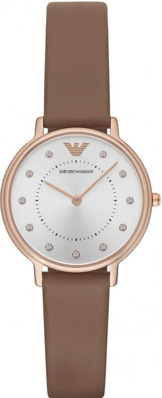 Emporio Armani AR8040 women's watch with silver dial and brown leather strap on wrist