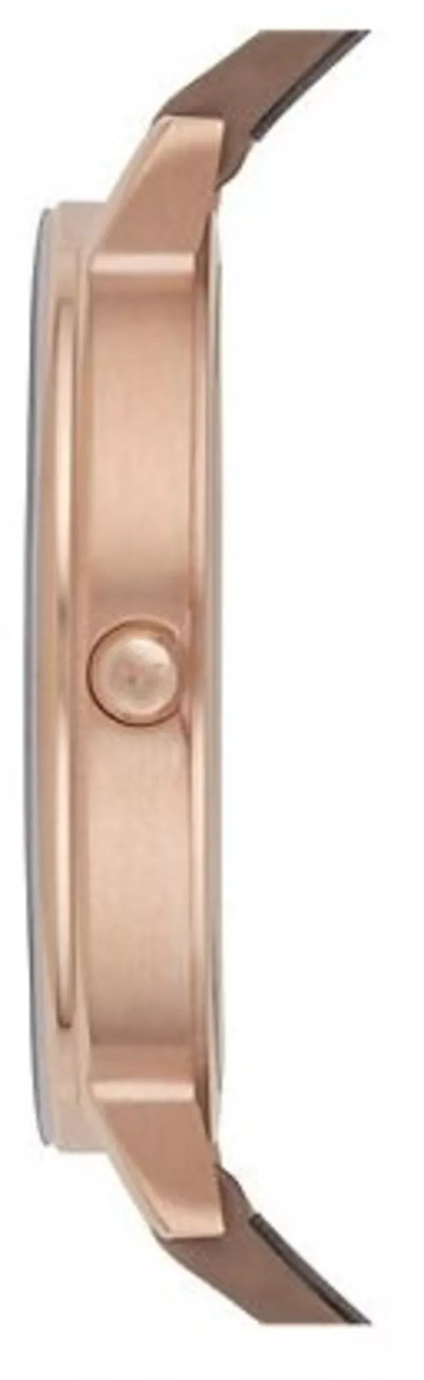 Emporio Armani AR8040 side profile showing rose gold case thickness and brown leather strap