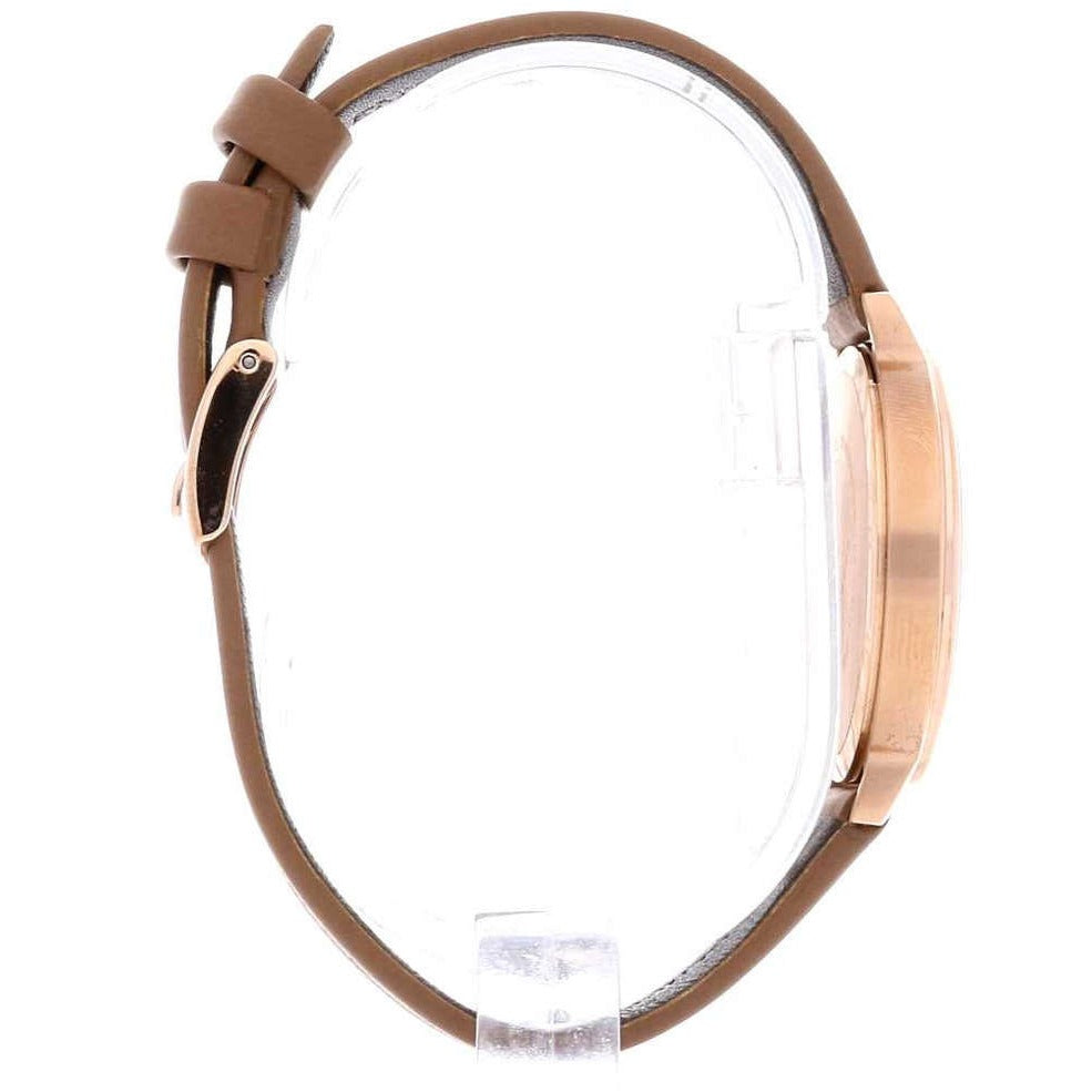 Emporio Armani AR8040 women's watch showing brown leather strap with buckle