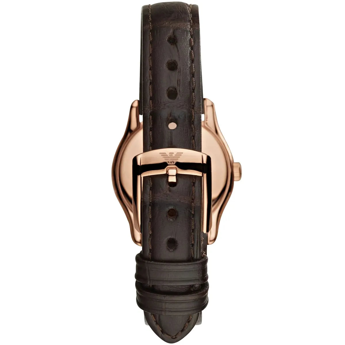 Back view of Emporio Armani AR9035L showing rose gold case and brown leather strap with buckle