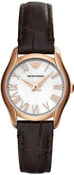 Emporio Armani AR9035L watch with rose gold case, white dial with Roman numerals, and brown leather strap