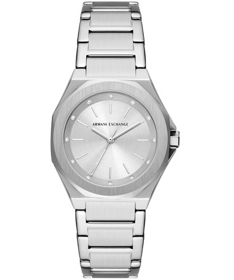 Armani Exchange Andrea AX4606 silver women's analog watch with stainless steel bracelet and white dial