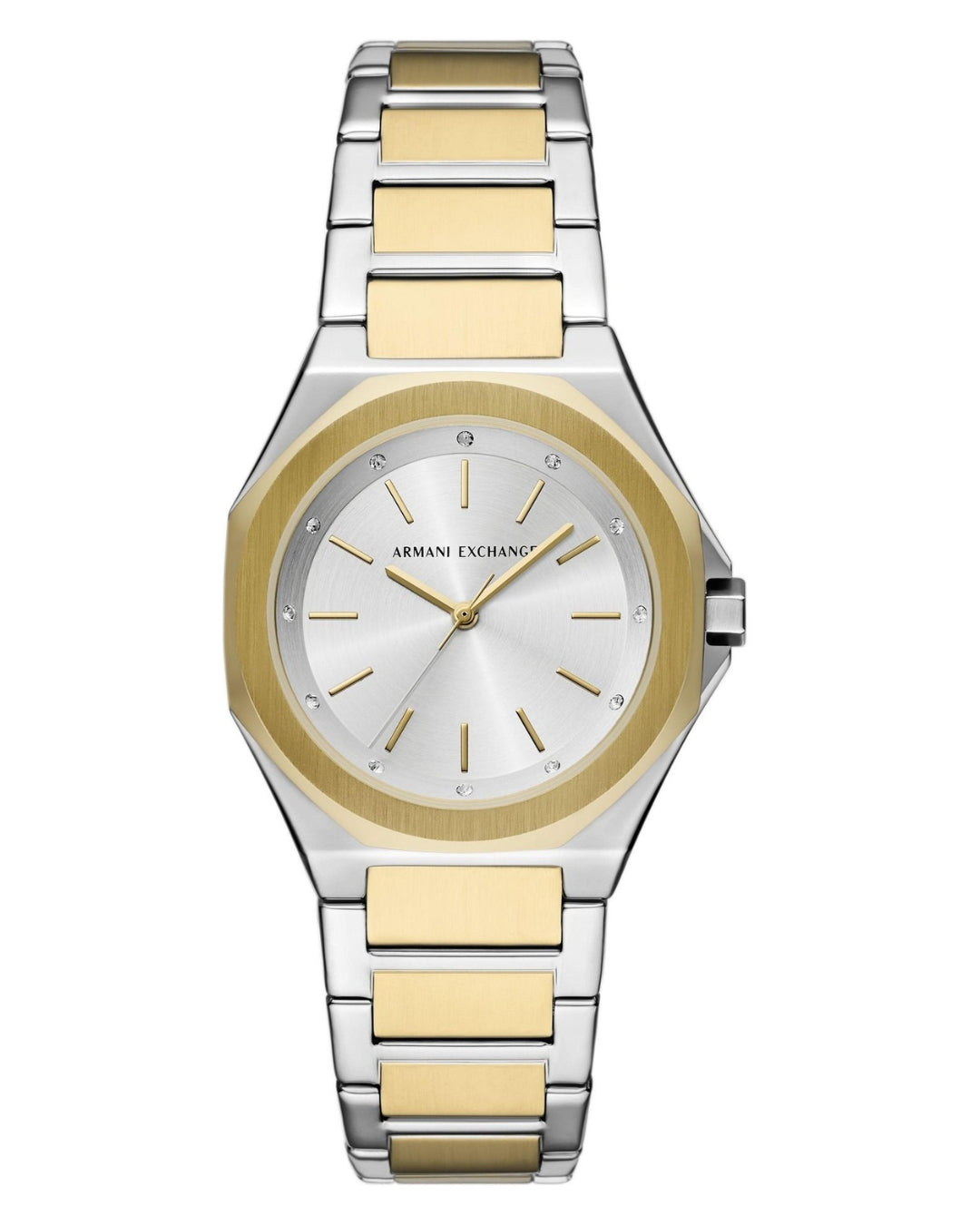 Armani Exchange Andrea two-tone women's watch with white dial and gold-silver bracelet