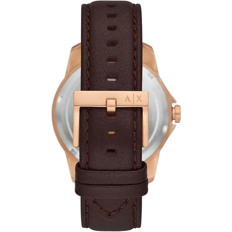 Armani Exchange AX1740 caseback showing transparent display and brown leather strap attachment