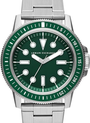Armani Exchange Leonardo AX1860 green dial close-up with marker indices and bezel