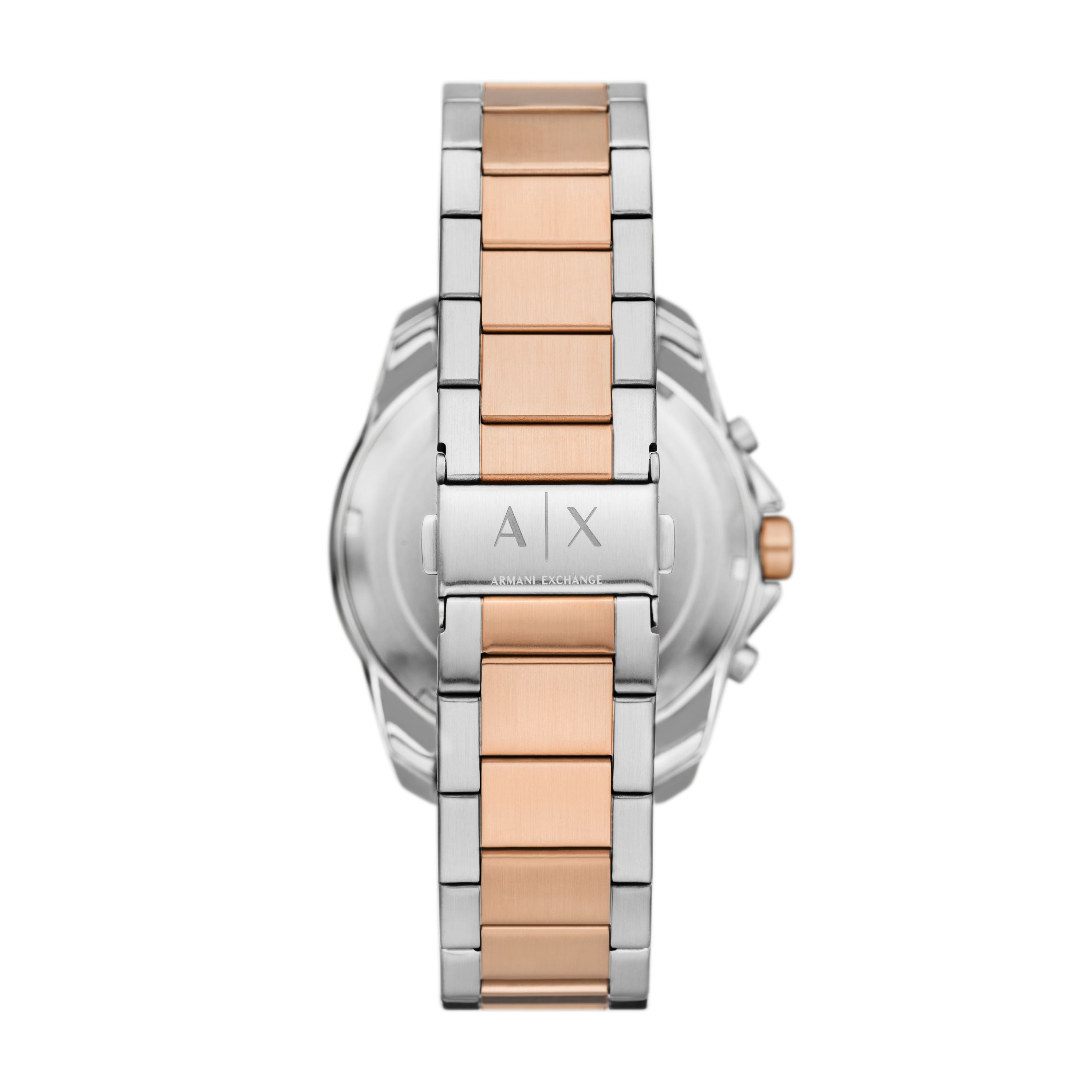 Caseback view of AX1965 watch showing two-tone stainless steel bracelet and Armani Exchange branding