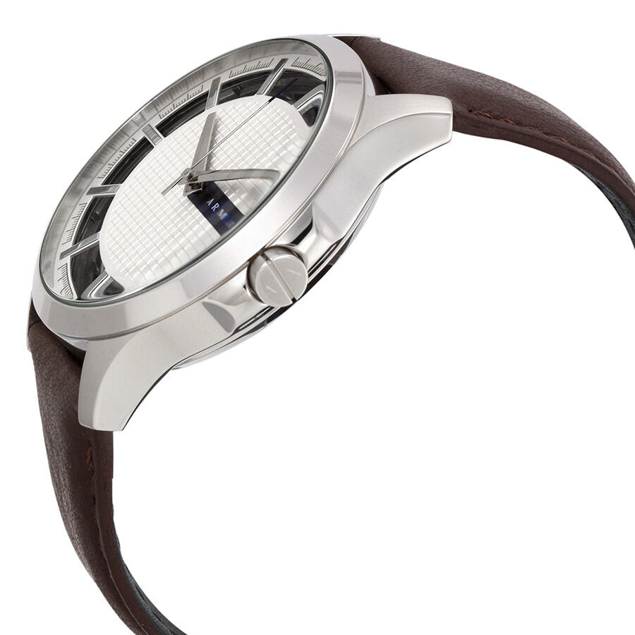 Armani Exchange AX2187 watch side view showing dark brown leather strap and silver case profile