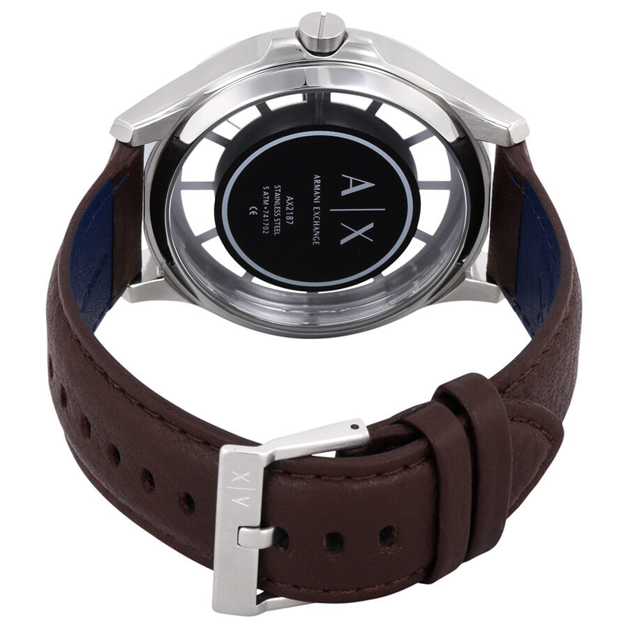 Armani Exchange AX2187 watch caseback showing dark brown leather strap and buckle closure