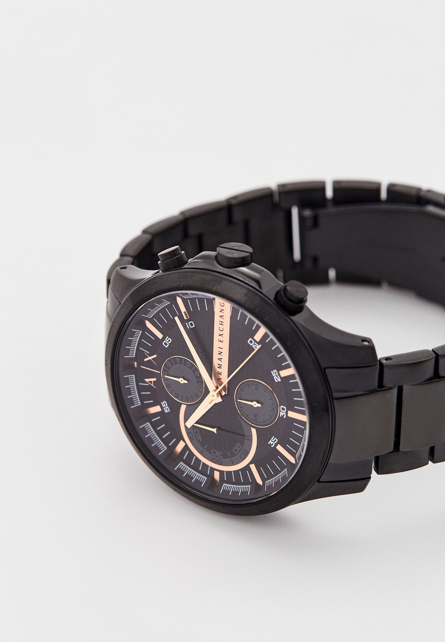 Angled three-quarter view of black chronograph watch with visible subdials