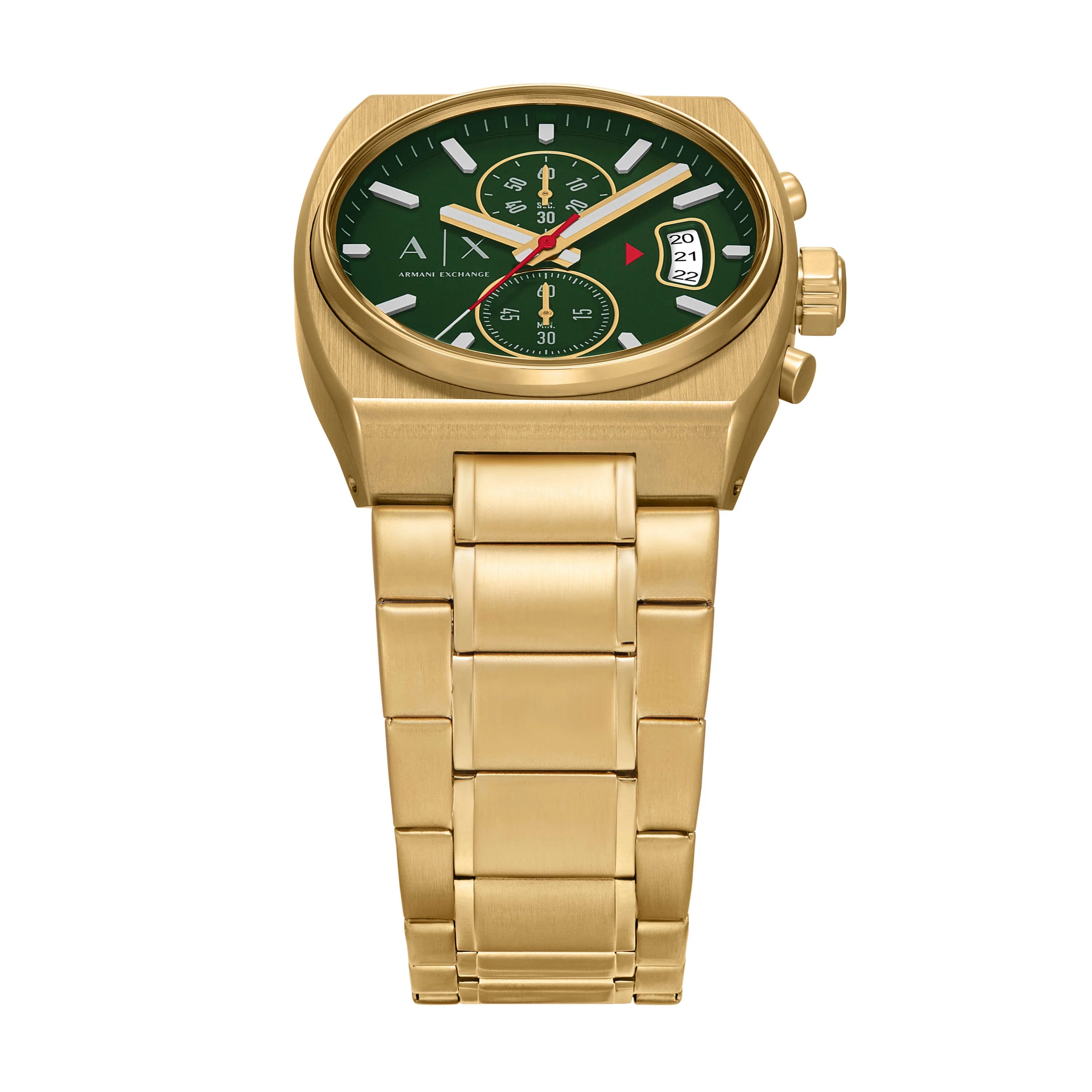 Armani Exchange AX2822 angled view showing green dial and gold bracelet