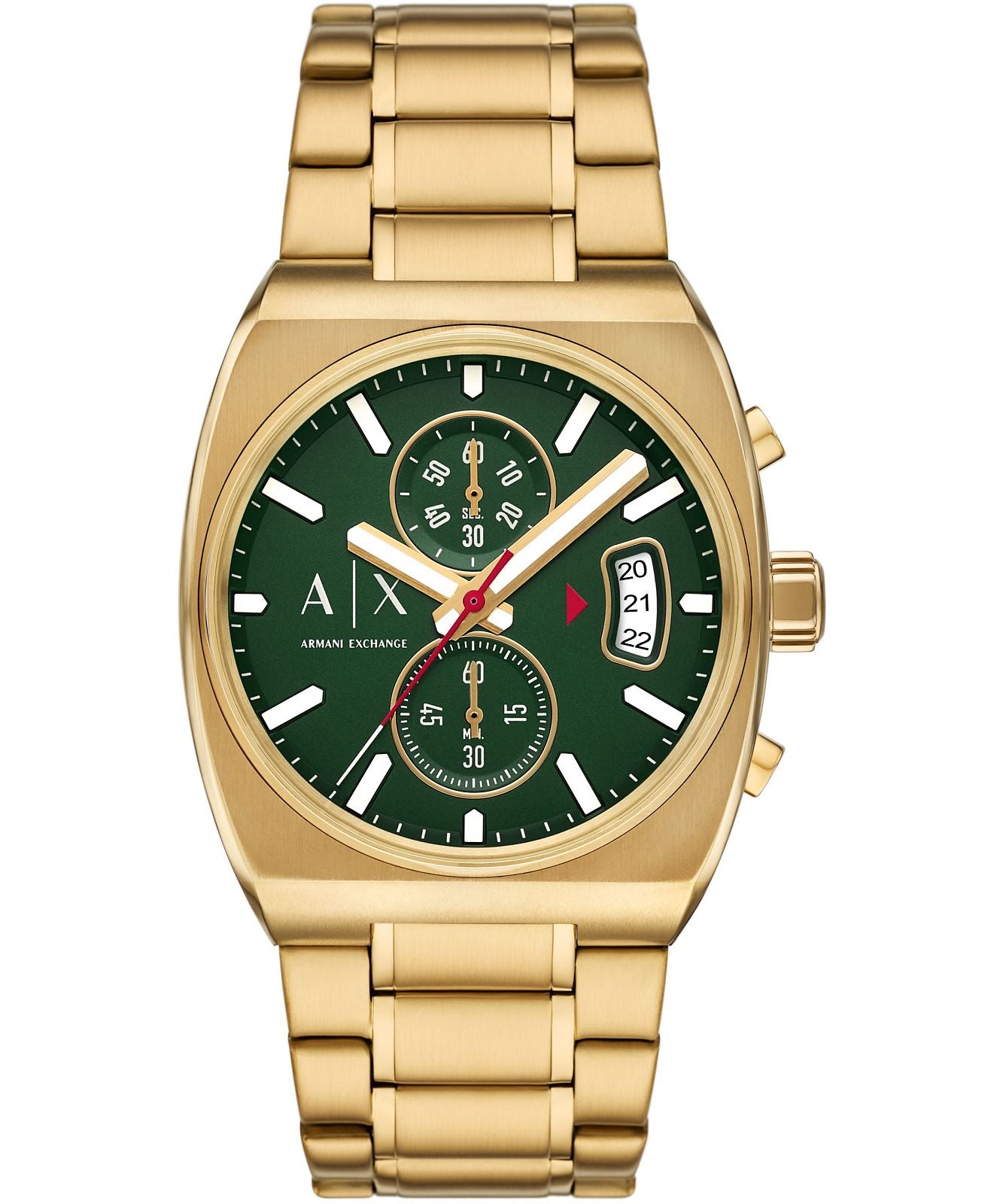 Armani Exchange AX2822 gold multifunction watch with green dial and chronograph subdials