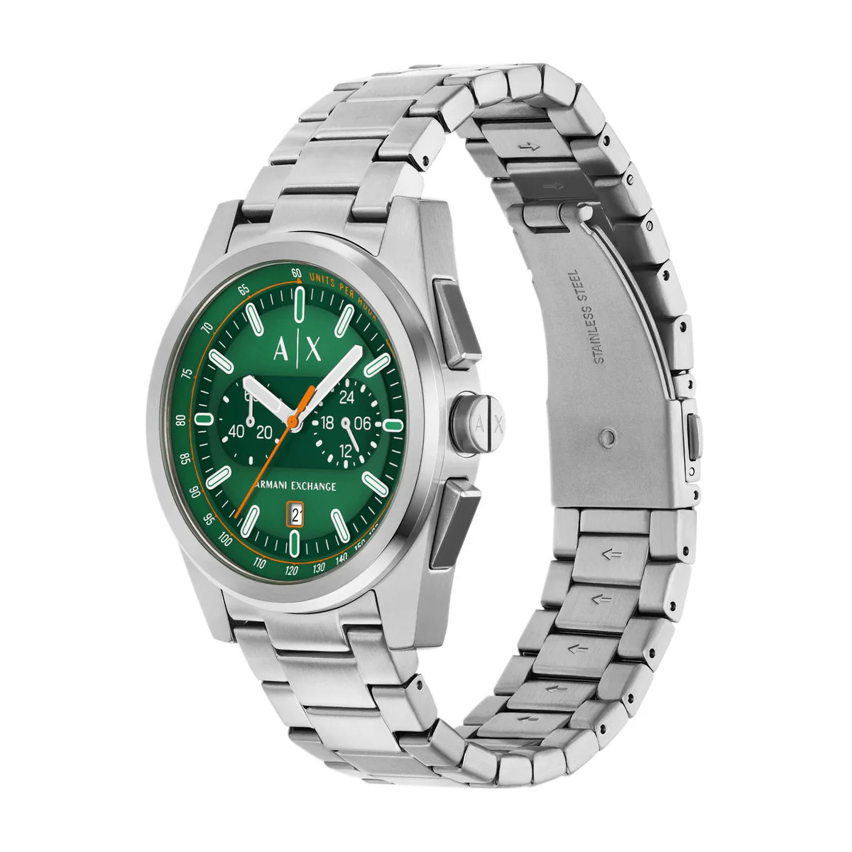 Armani Exchange AX2862 chronograph watch angled view showing green dial and silver bracelet