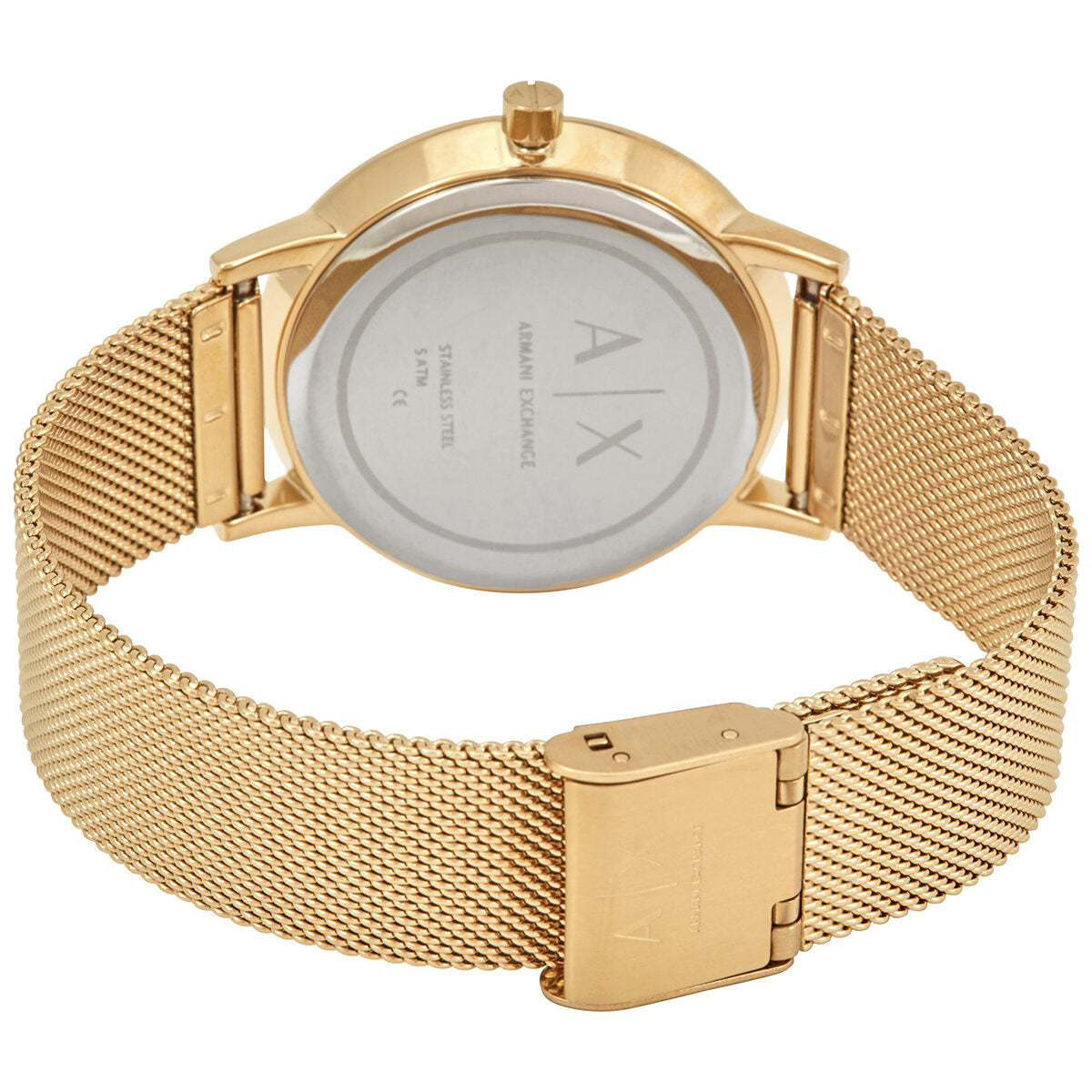 Armani Exchange AX5536 caseback showing watch mechanism and mesh strap closure