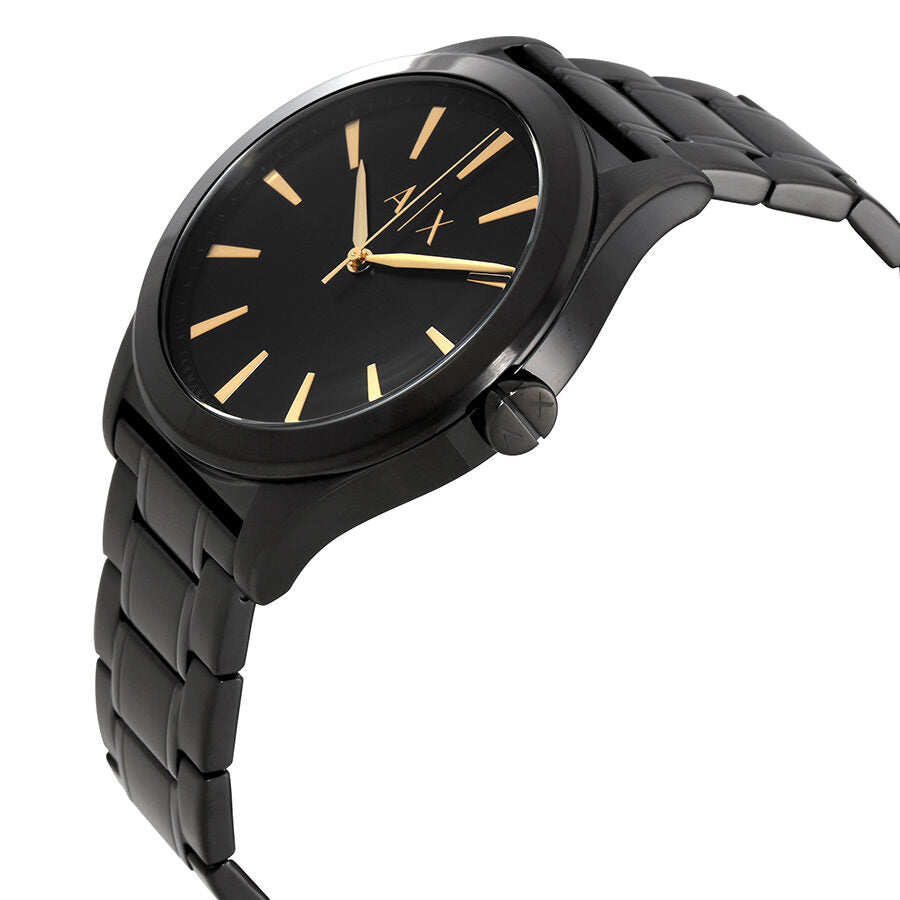 Side angle view of Armani Exchange Active AX7102 watch showing black case and bracelet