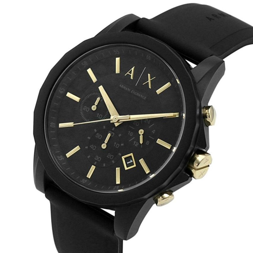 Armani Exchange AX7105 chronograph watch at angle with black rubber strap and gold pushers