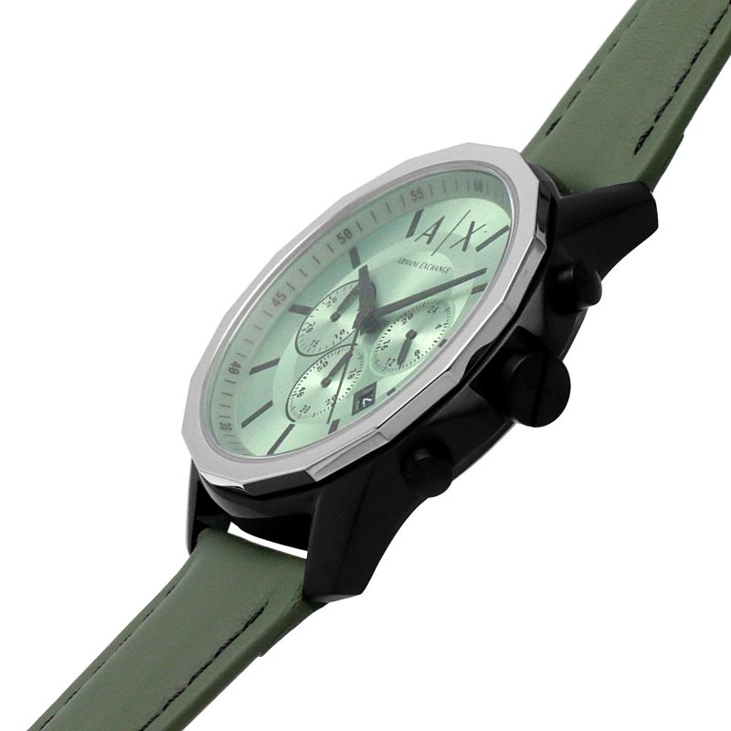 Armani Exchange Banks watch side angle showing green leather strap and black chronograph pushers