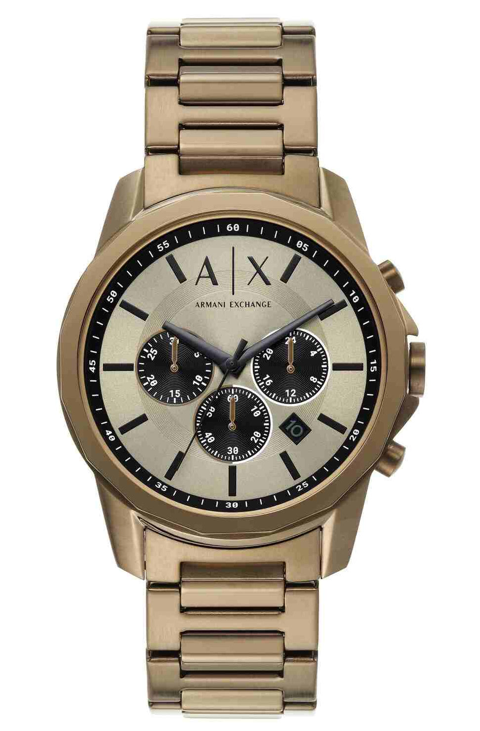 Armani Exchange Banks bronze chronograph watch with cream dial and black subdials on matching bracelet