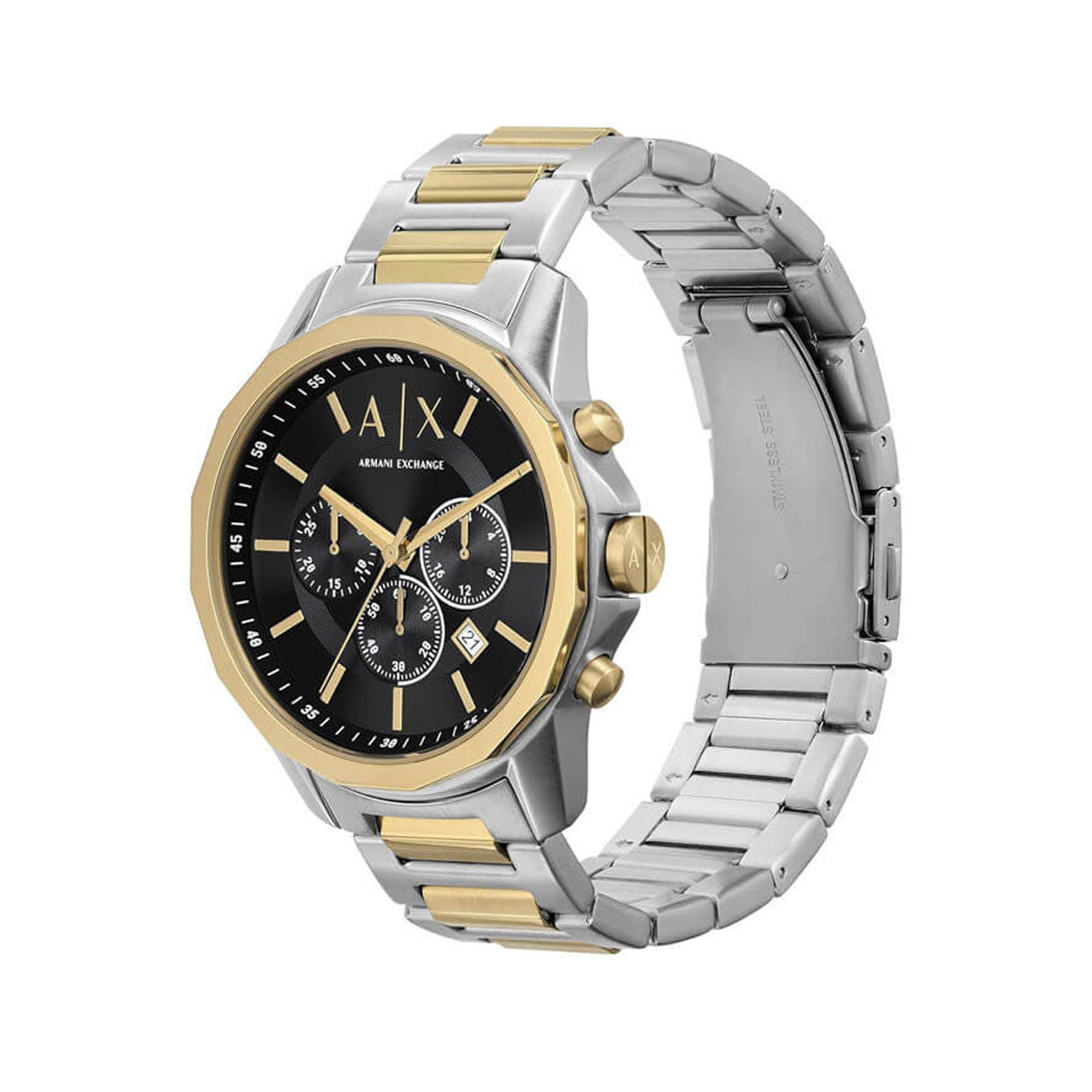 Two-tone stainless steel Armani Exchange chronograph watch shown at an angle with bracelet visible