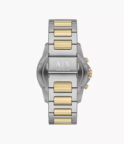 Armani Exchange Banks watch caseback with AX logo and two-tone stainless steel bracelet