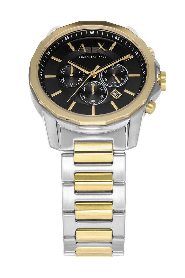 Close-up of black dial with gold hands and chronograph subdials on Armani Exchange Banks watch
