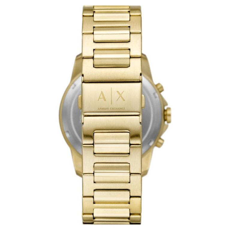 Armani Exchange Banks watch caseback showing gold stainless steel case and bracelet