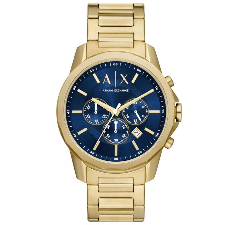 Armani Exchange Banks chronograph watch with gold stainless steel case and blue dial