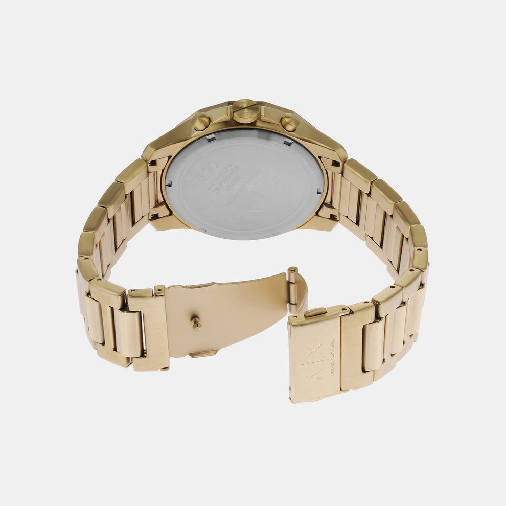 Armani Exchange Banks watch side view showing gold stainless steel bracelet and case profile
