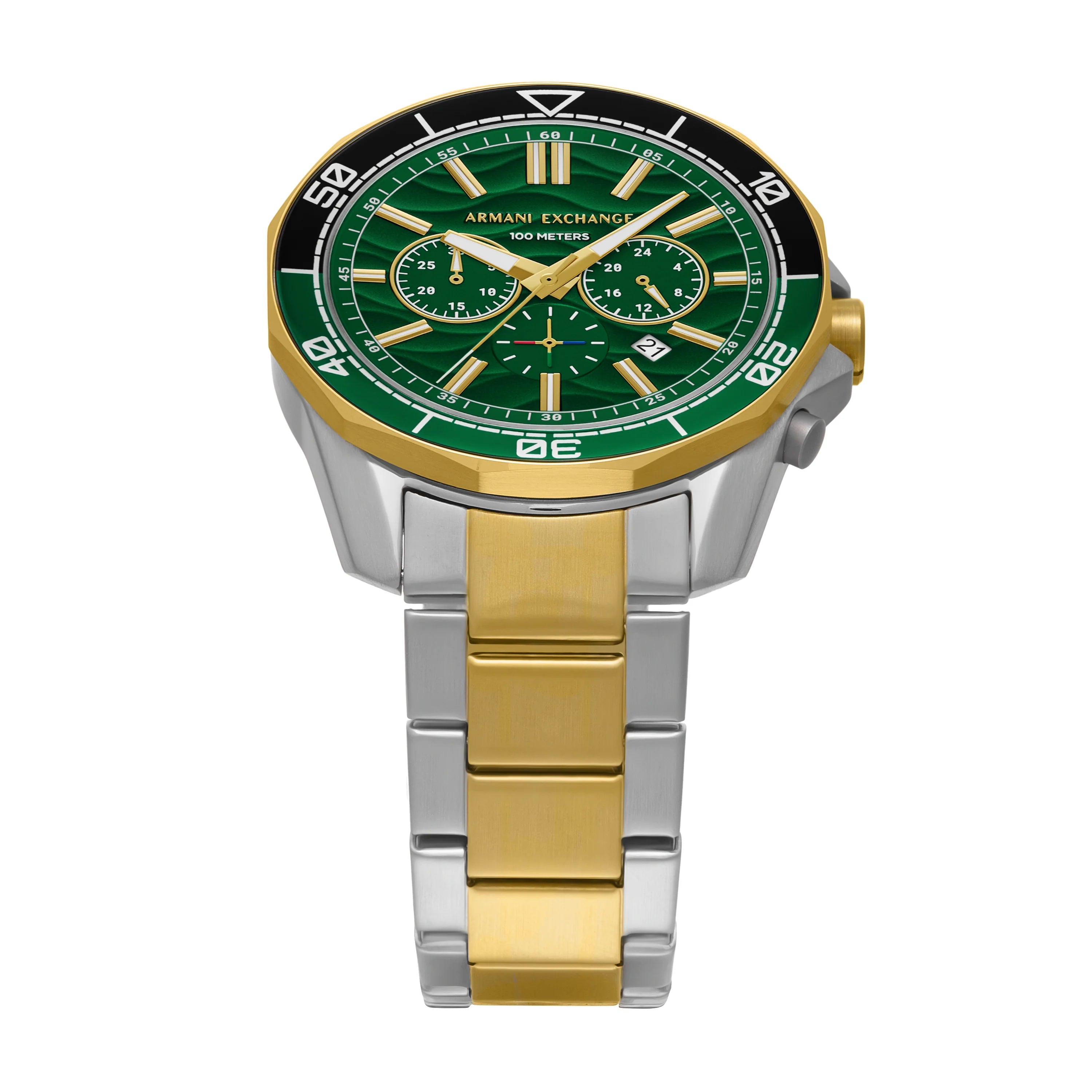 Armani Exchange Caden AX1966 watch angled view showing chronograph dial and bracelet