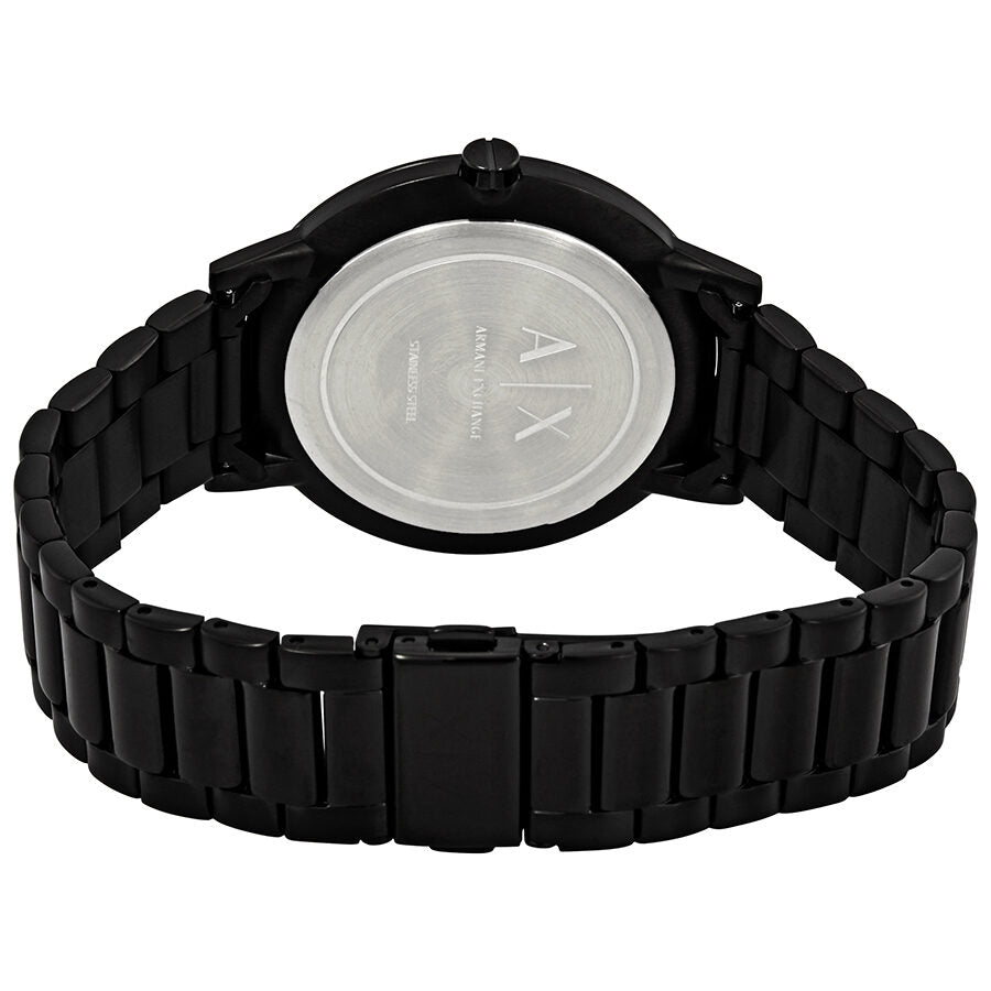 Armani Exchange Cayde watch case back showing Armani Exchange branding and stainless steel bracelet