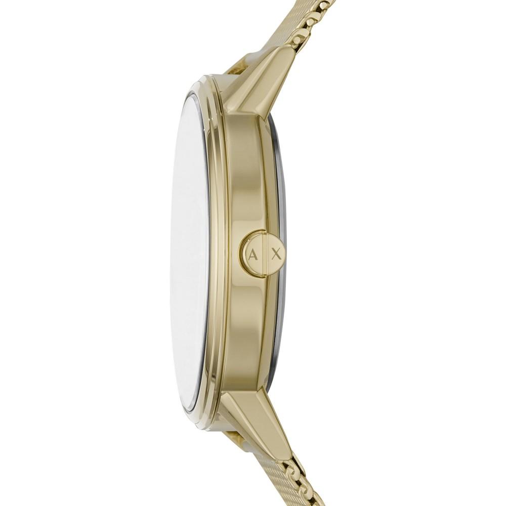 Gold stainless steel case and mesh band side profile of Armani Exchange Cayde watch